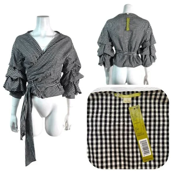 NWT Black and white wrap ruffled tie Top S $90 - Picture 2 of 10